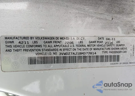 2011 Volkswagen Jetta 2.5L Se from USA, damaged, VIN 3VWDZ7AJ1BM377814